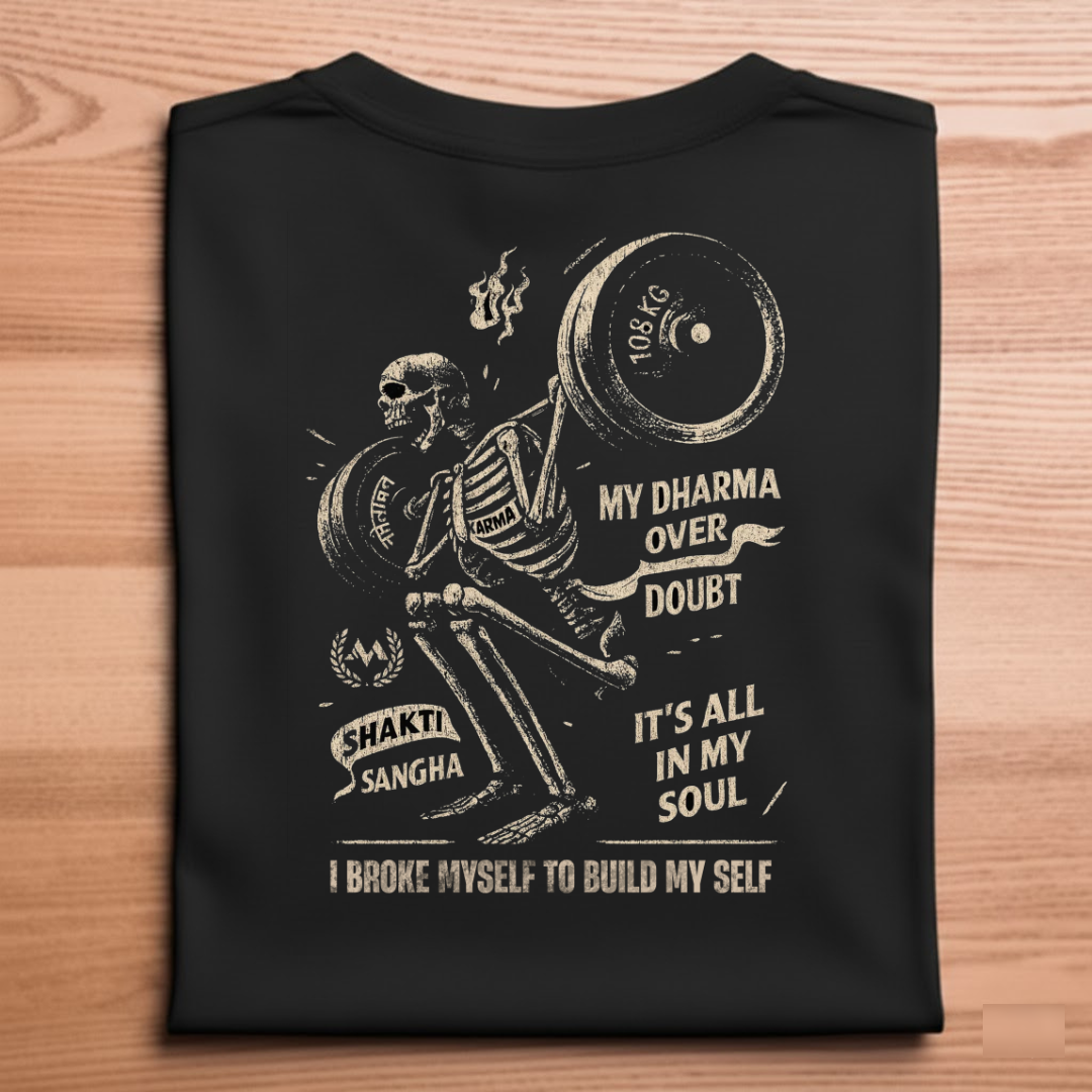 Dharma Over Doubt Gym T-Shirt - Skeleton Weightlifting Karma Shakti Regular Fit Tee