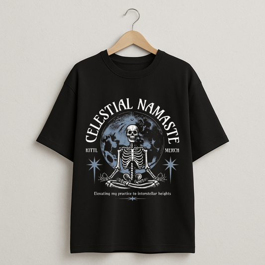 Celestial Namaste Yoga T-Shirt - Meditating Skeleton Interstellar Practice Cosmic Tee