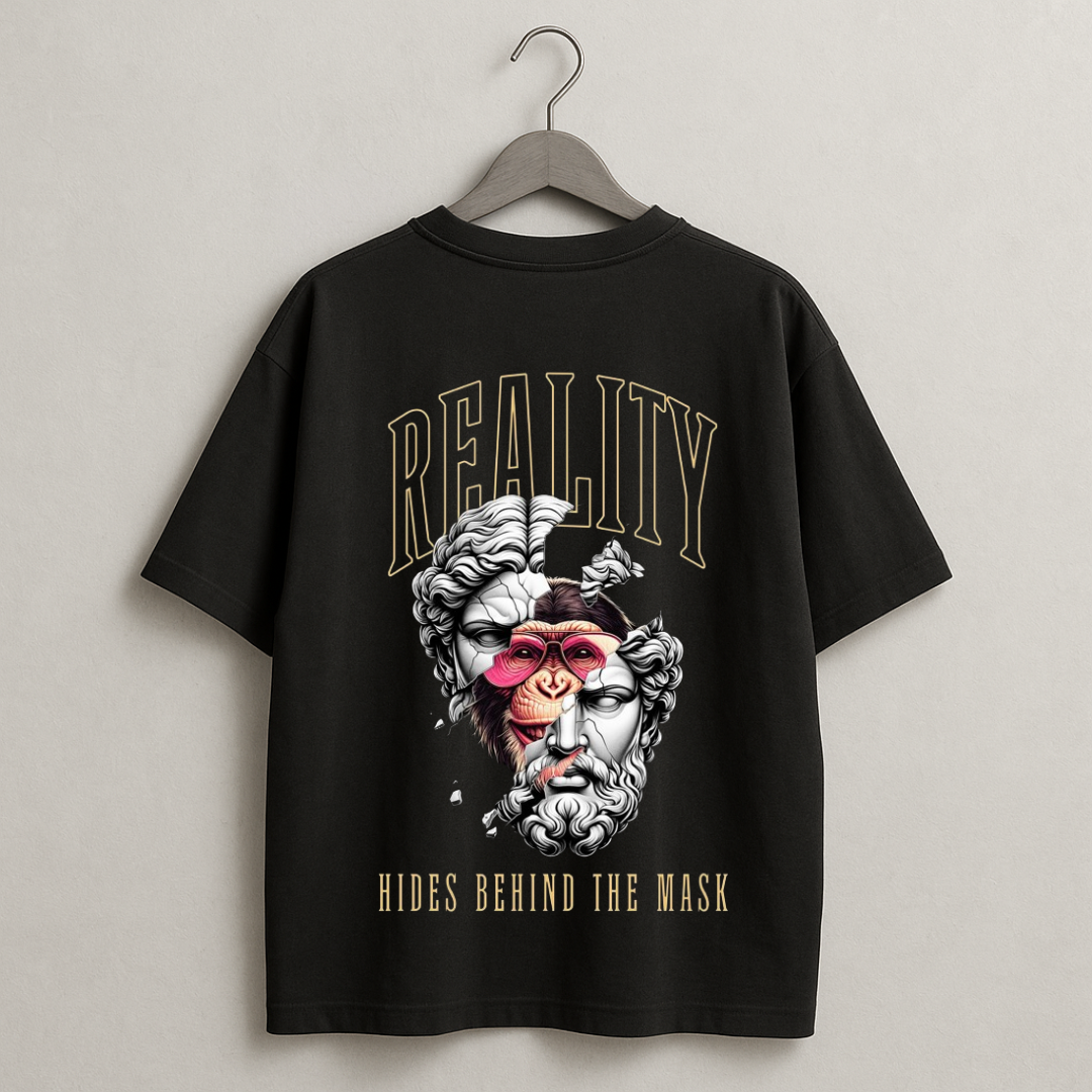 Reality Hides Behind The Mask T-Shirt - Monkey Statue Broken Mask Philosophical Streetwear Tee