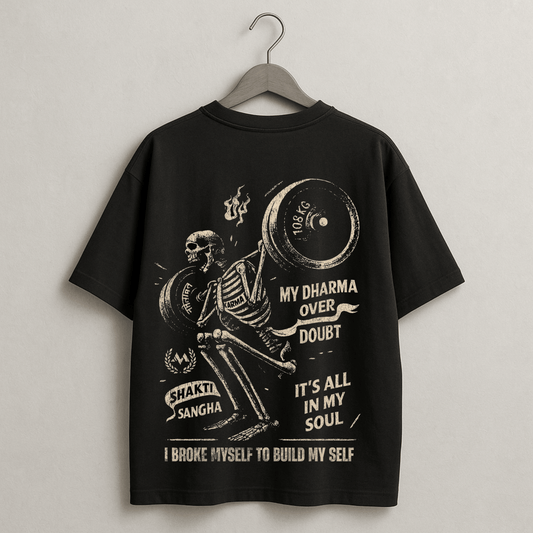 Dharma Over Doubt Gym T-Shirt - Skeleton Weightlifting Karma Shakti Oversized Tee