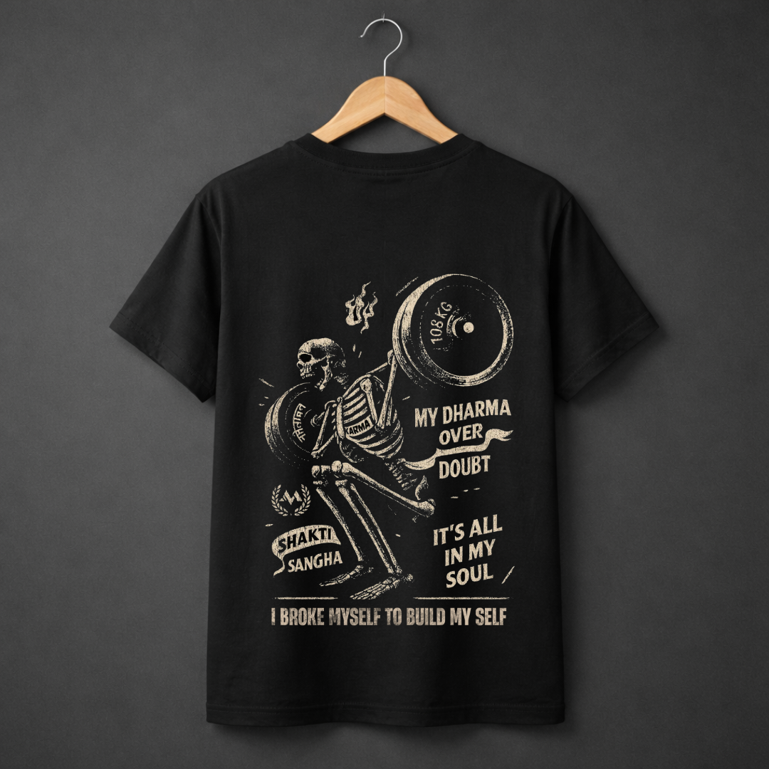 Dharma Over Doubt Gym T-Shirt - Skeleton Weightlifting Karma Shakti Regular Fit Tee