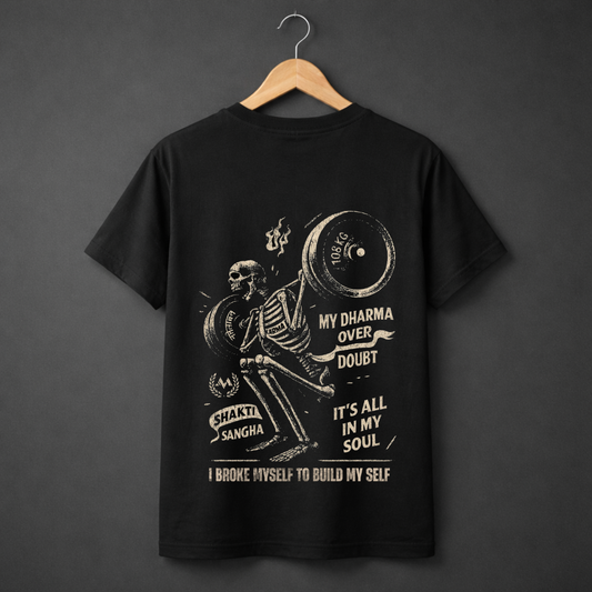 Dharma Over Doubt Gym T-Shirt - Skeleton Weightlifting Karma Shakti Regular Fit Tee