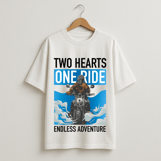 Two Hearts One Ride T-Shirt - Couple Biker Endless Adventure Oversized White Tee
